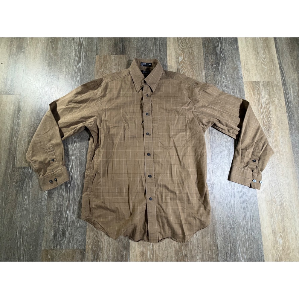 Haggar Button Down Shirt Mens Medium Brown Windowpane Grid No Iron Cotton